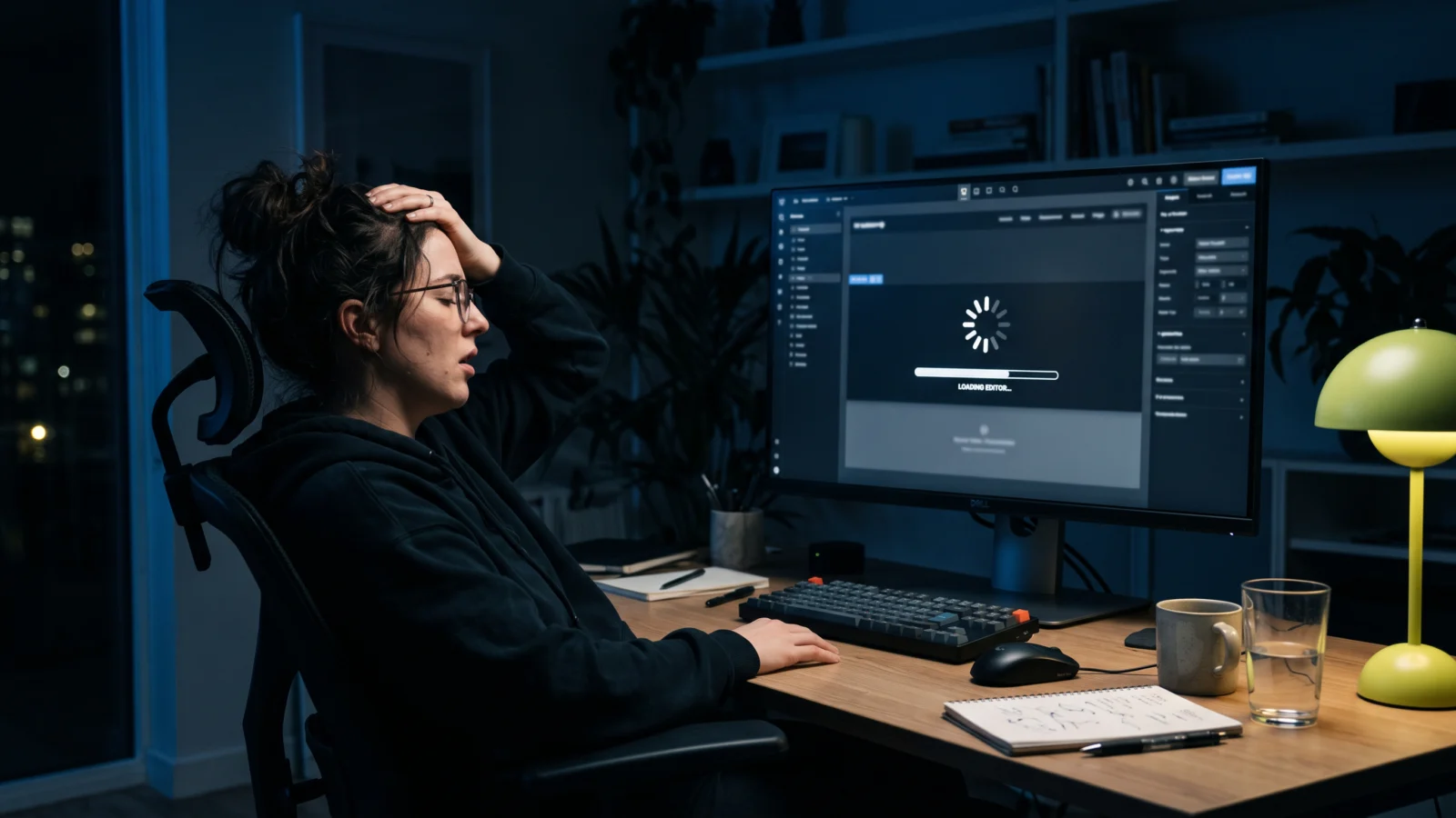 Webdesignerin wartet frustriert auf den ladenden Elementor-Editor