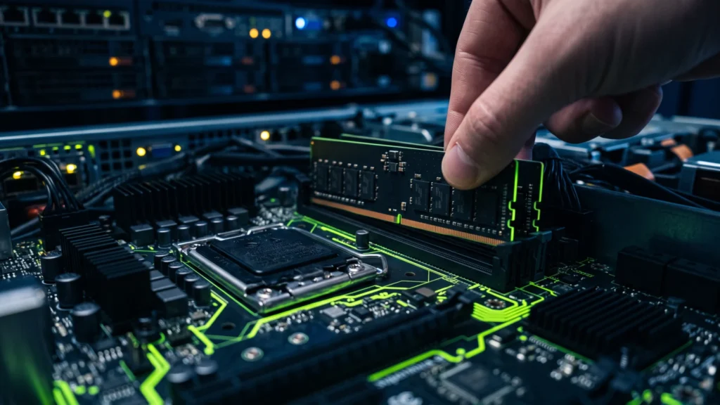 Arbeitsspeicher-Modul wird in ein Server-Mainboard eingesetzt
