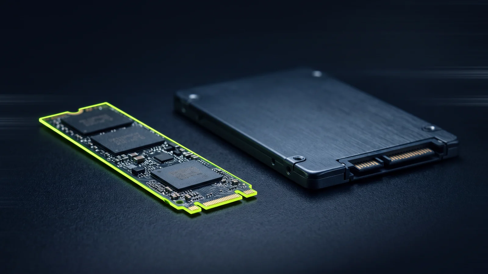 M.2-NVMe-SSD mit Lime-Leuchtrand neben einer klassischen 2,5-Zoll-SATA-SSD
