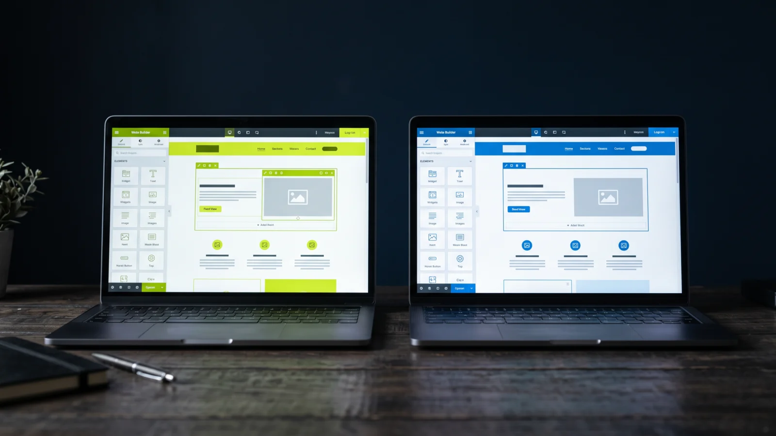 Zwei Laptops mit Page-Builder-Oberfläche im direkten Vergleich