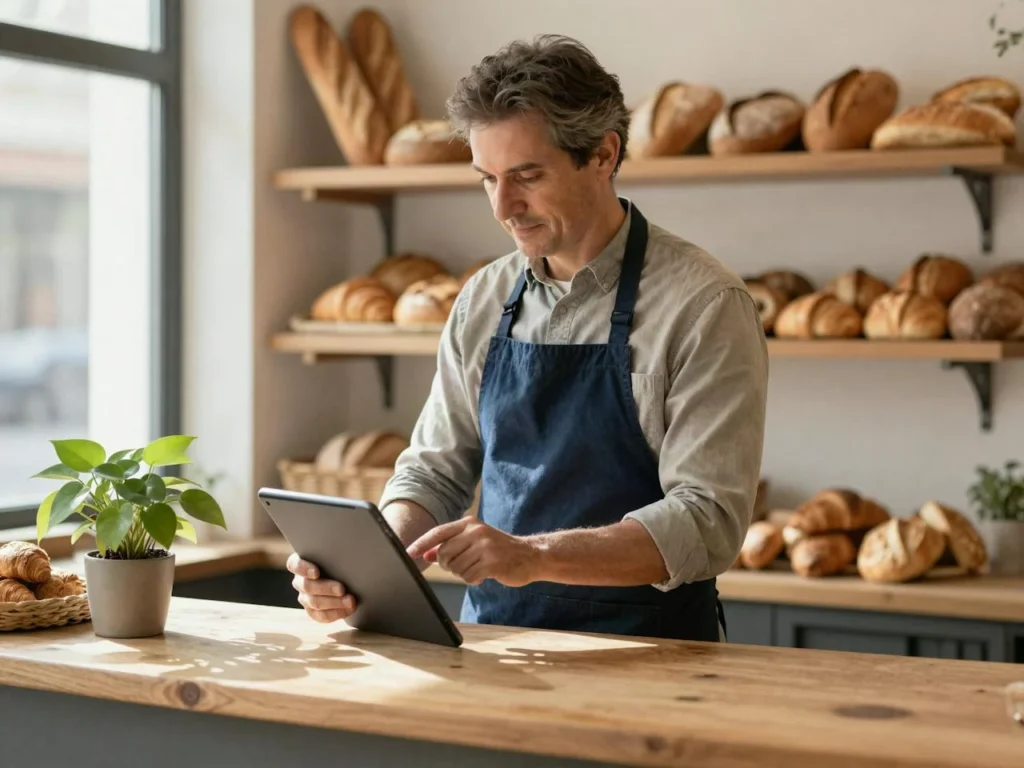 Café-Inhaberin pflegt ihre Website auf dem Tablet