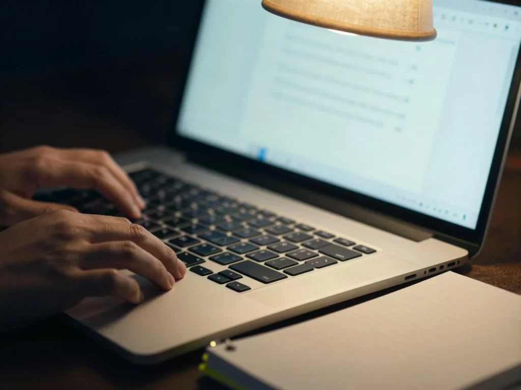 Hände tippen am Laptop bei der Wahl eines Domainnamens