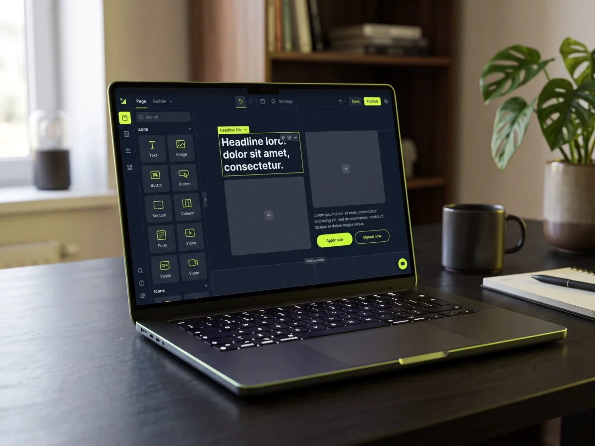 Laptop mit geöffnetem Page-Builder-Editor und einer Beispielseite im dunklen Design