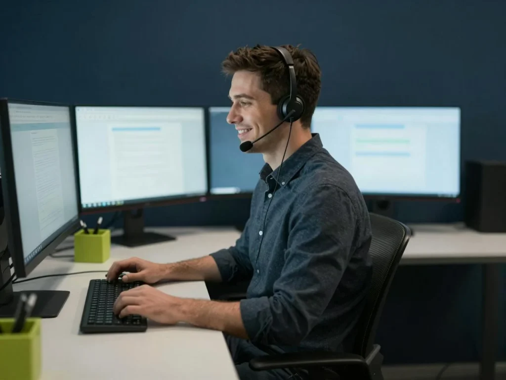 Support-Mitarbeiter hilft einem Kunden am Telefon