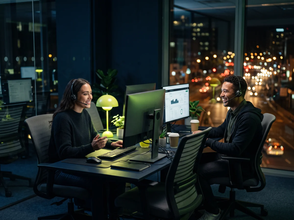 Zwei Mitarbeitende des Servflix-Supports mit Headsets helfen Kunden am Abend im Büro