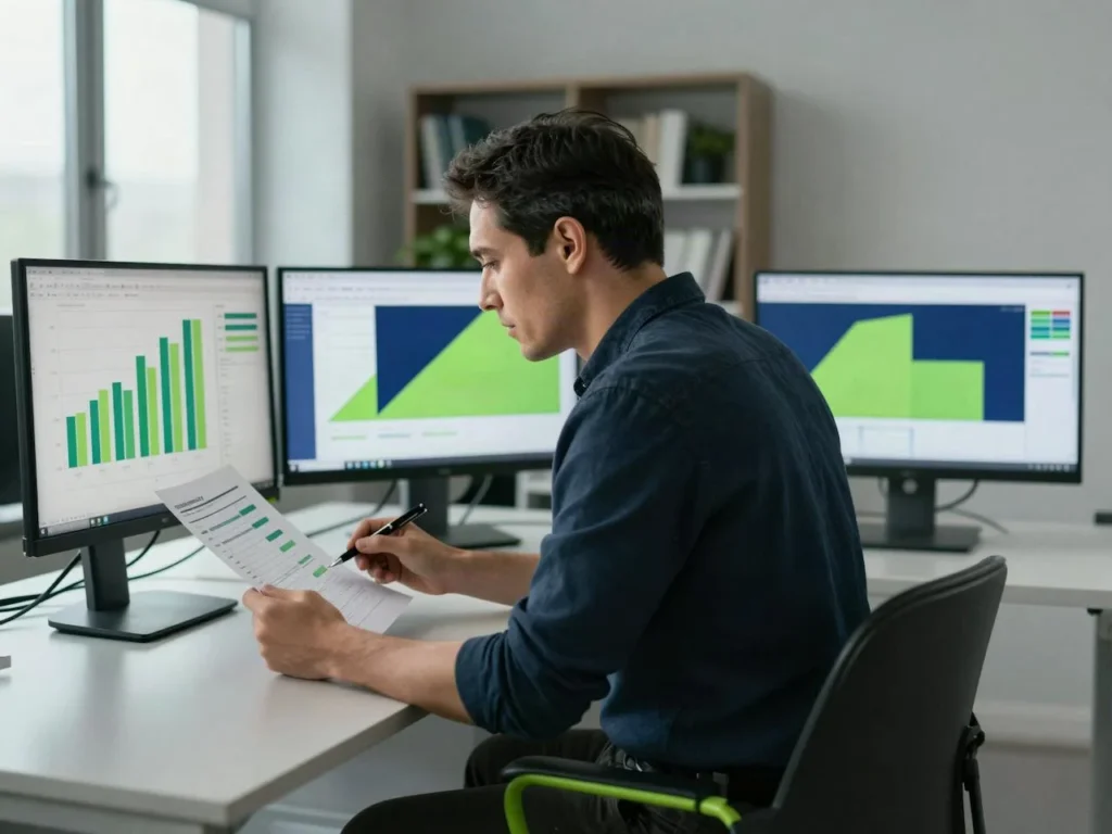 Mann vergleicht Webhosting-Tarife an zwei Monitoren