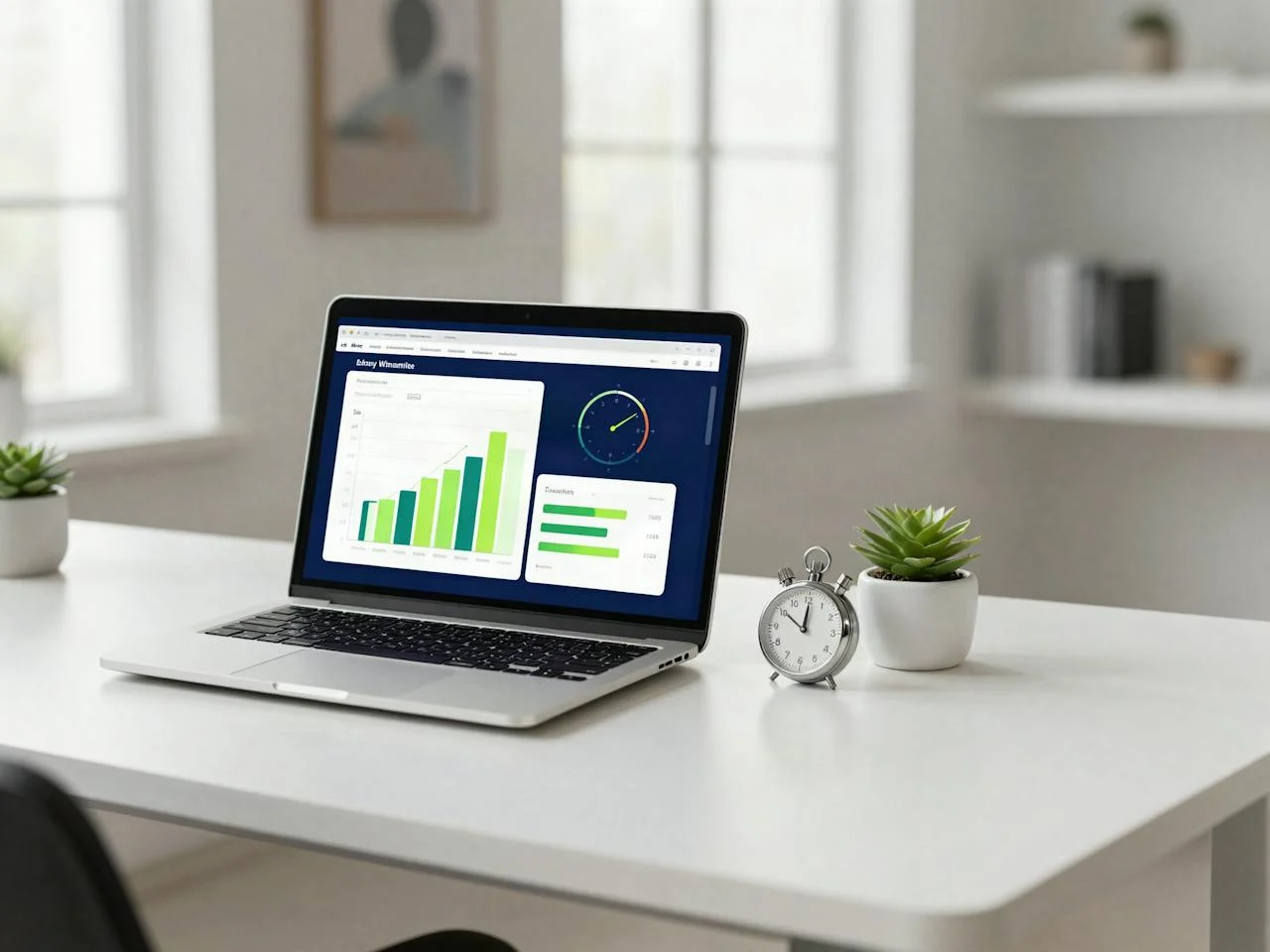 Laptop mit Performance-Dashboard und Stoppuhr